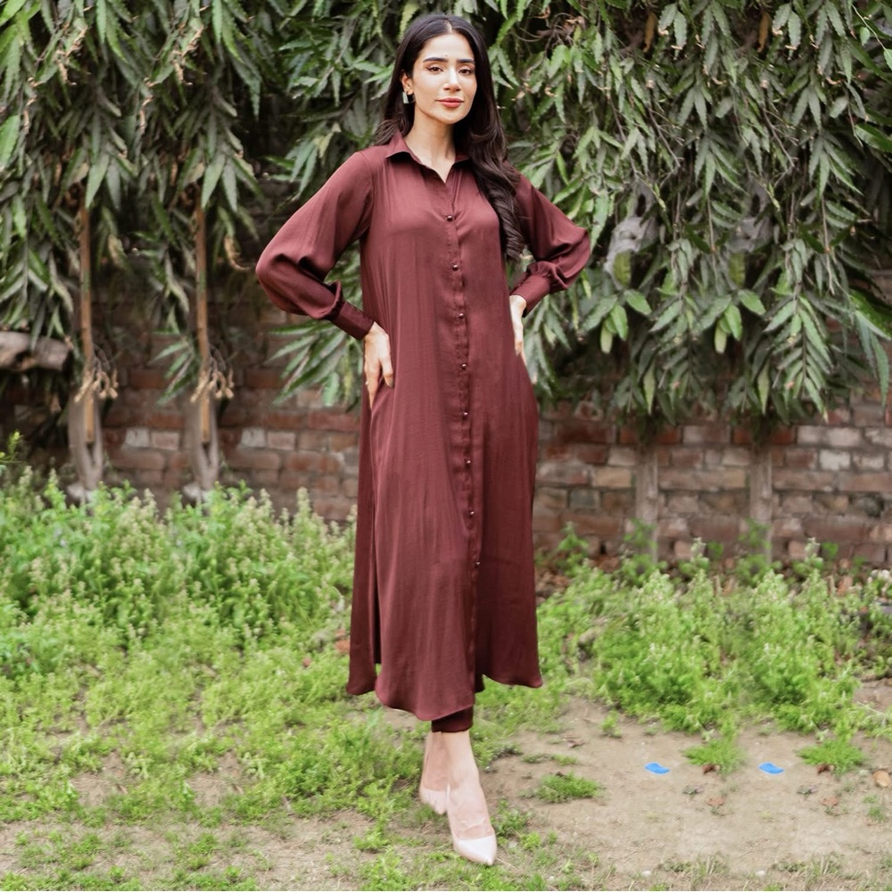 Pakistan Indian Elegant Brown Button-Down shirt and pants